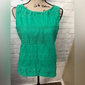 Talbots Size Med Eyelet Green Tank‎ Shell Cotton Sleeveless Top